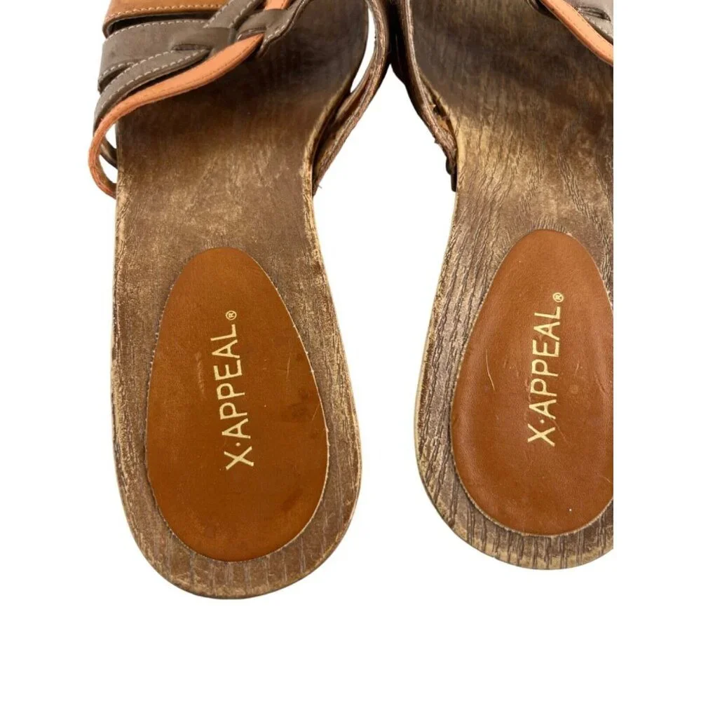 X-Appeal Women’s Wooden Slip On Sandals Brown Scrappy Leather Sage Size‎ 8 y2k